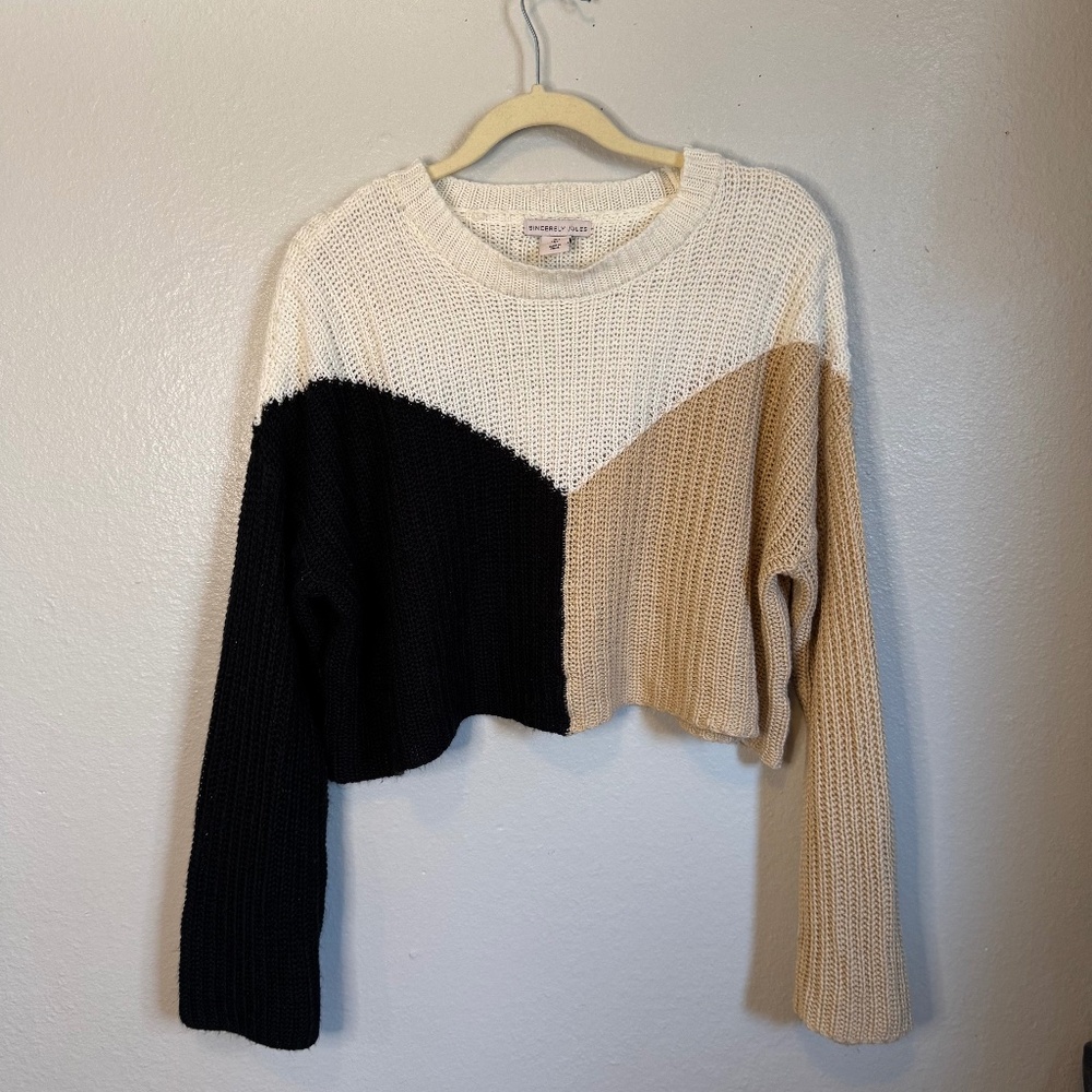 Sincerely Jules Black Tan and White Colorblock Cropped Sweater